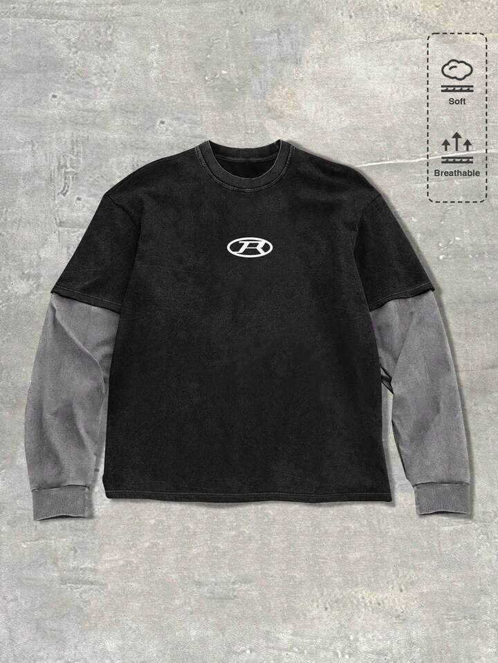 Casual Men's Contrast Color Print Round Neck Long Sleeve T-Shirt