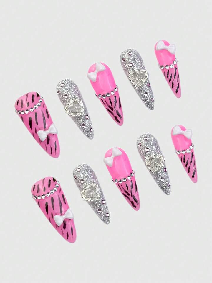 Anime 10pcs Heart Shaped Glitter Acrylic Nail Strips With Rhinestone Bow, Including 1pc Nail Tape