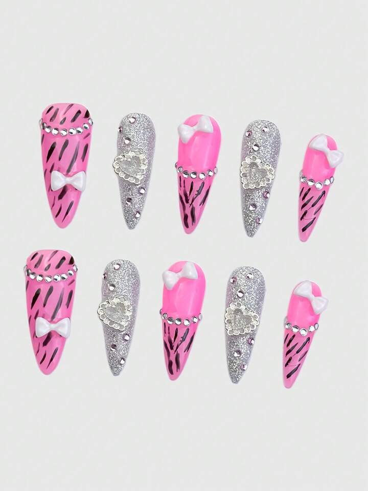 Anime 10pcs Heart Shaped Glitter Acrylic Nail Strips With Rhinestone Bow, Including 1pc Nail Tape