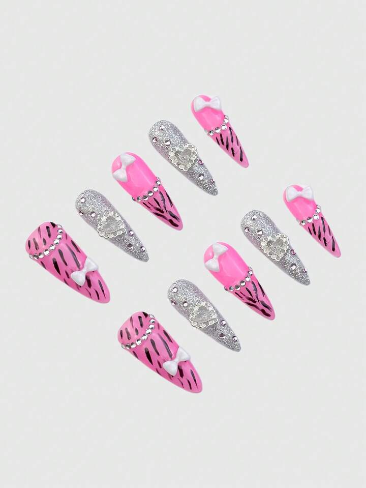 Anime 10pcs Heart Shaped Glitter Acrylic Nail Strips With Rhinestone Bow, Including 1pc Nail Tape