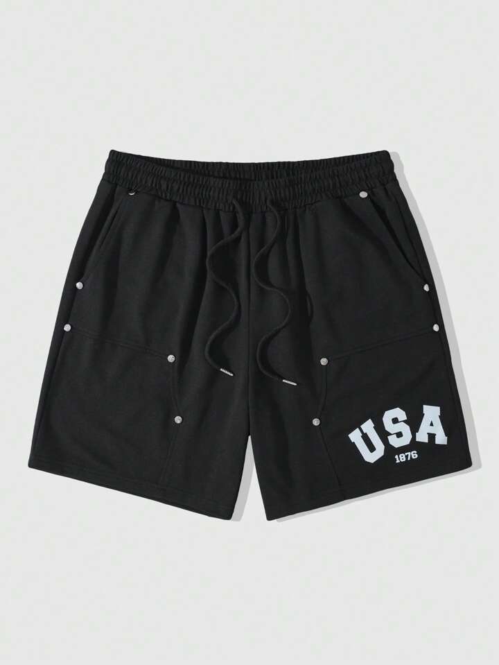 Men's Street Life Drawstring Waist Pockets Casual Letter Print Metal Rivet Loose Shorts