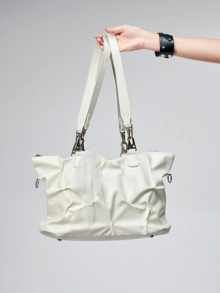 Grunge Punk Fashionable Multi-Purpose Pleated Tote Bag, Large Capacity Shoulder Crossbody Bag For Women, White