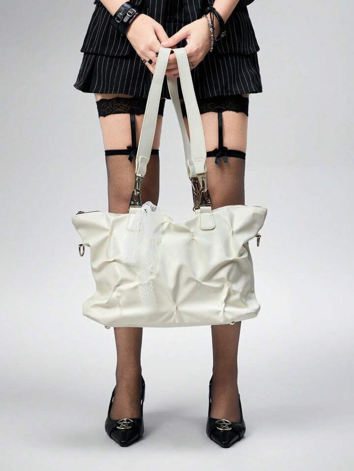 Grunge Punk Fashionable Multi-Purpose Pleated Tote Bag, Large Capacity Shoulder Crossbody Bag For Women, White 2 Grunge Punk Fashionable Multi-Purpose Pleated Tote Bag, Large Capacity Shoulder Crossbody Bag For Women, White