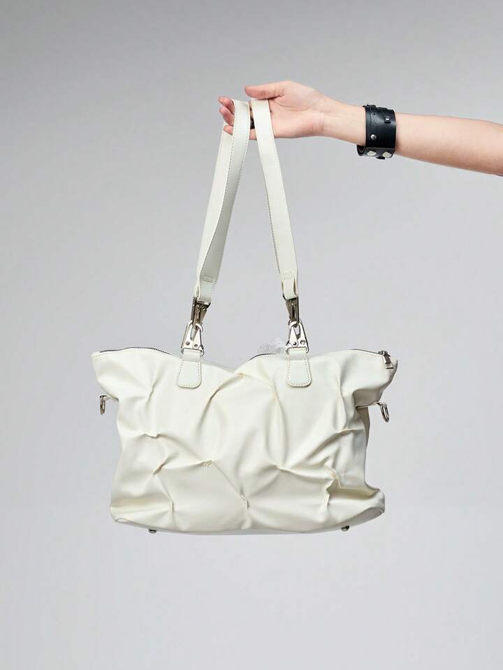 Grunge Punk Fashionable Multi-Purpose Pleated Tote Bag, Large Capacity Shoulder Crossbody Bag For Women, White 5 Grunge Punk Fashionable Multi-Purpose Pleated Tote Bag, Large Capacity Shoulder Crossbody Bag For Women, White