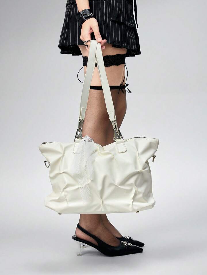 Grunge Punk Fashionable Multi-Purpose Pleated Tote Bag, Large Capacity Shoulder Crossbody Bag For Women, White 7 Grunge Punk Fashionable Multi-Purpose Pleated Tote Bag, Large Capacity Shoulder Crossbody Bag For Women, White