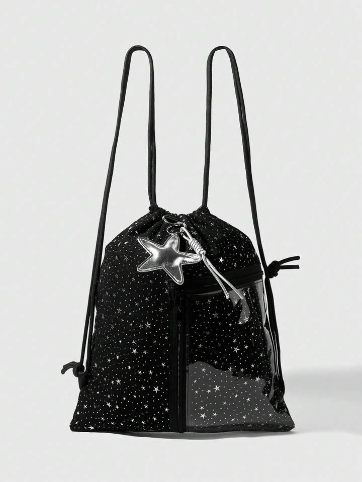 Anime Starry Sky Print Pattern With Pentagram Pendant Large Capacity Multi-Pocket Zipper Transparent Pocket Drawstring Closure Backpack, Fashionable And Versatile For School, Vacation, Party, Shopping