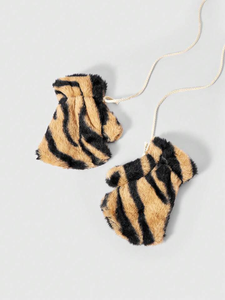 Goth 1 Pair Black Y2K Retro Fuzzy Zebra Print Fingerless Gloves, Minimalist Fashion Accessory Suitable For Daily Wear, Parties, Gatherings, Autumn/Winter, Unisex