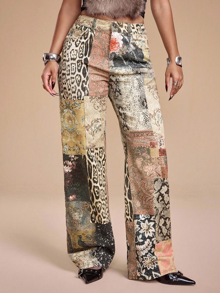 Plus Size Retro Y2K Sexy Animal Print Hippie Pattern Slim Straight Leg Women Jeans