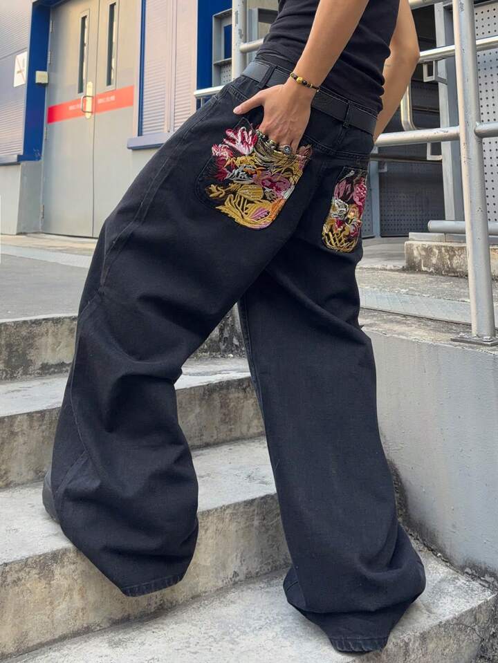 Men's Floral Embroidery Pocket Wide Leg Loose Fit Jeans