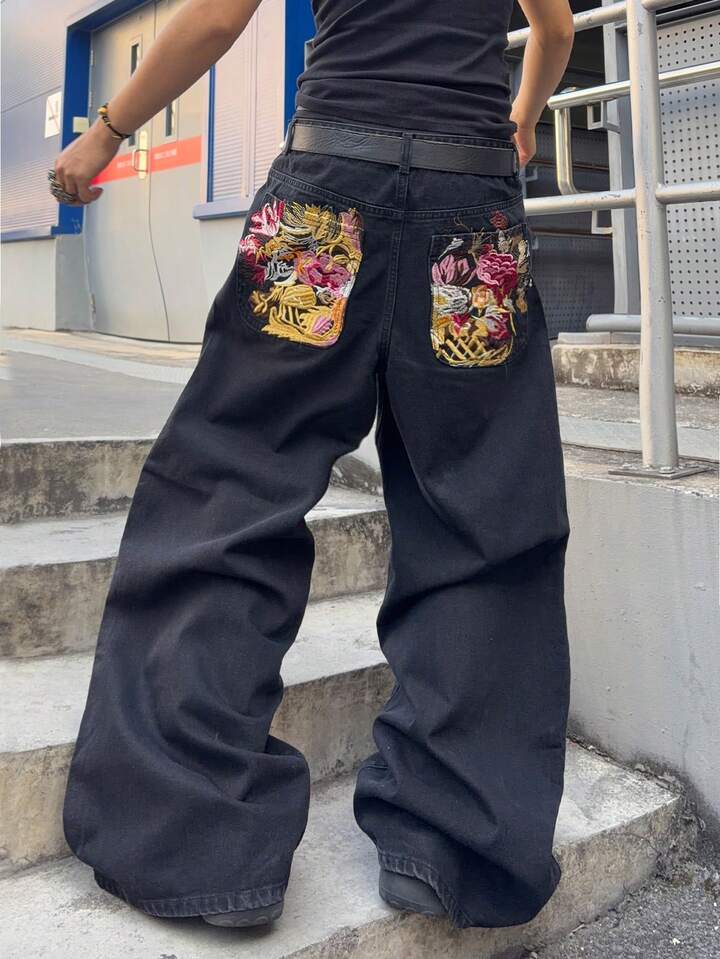 Men's Floral Embroidery Pocket Wide Leg Loose Fit Jeans 3 Men's Floral Embroidery Pocket Wide Leg Loose Fit Jeans
