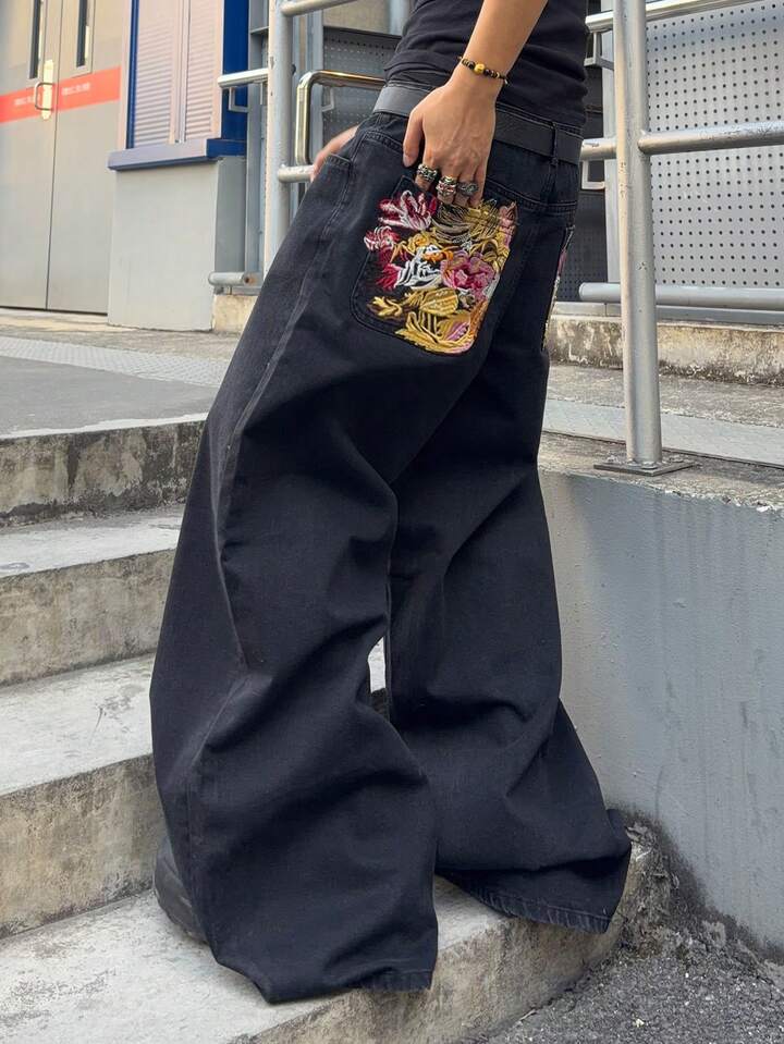 Men's Floral Embroidery Pocket Wide Leg Loose Fit Jeans 4 Men's Floral Embroidery Pocket Wide Leg Loose Fit Jeans