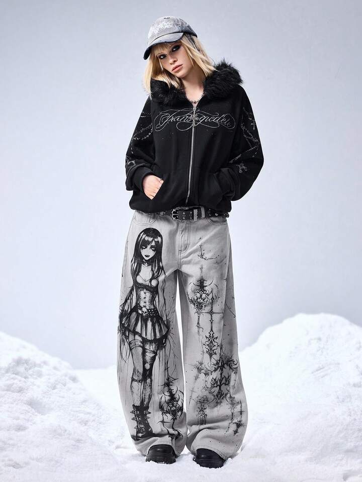 EDITION Kpop Punk Style Oversized Blade Chain Print Zipper Sweatshirt For Women