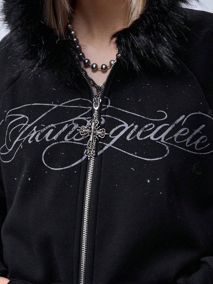 EDITION Kpop Punk Style Oversized Blade Chain Print Zipper Sweatshirt For Women