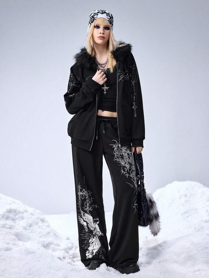 EDITION Kpop Punk Style Oversized Blade Chain Print Zipper Sweatshirt For Women