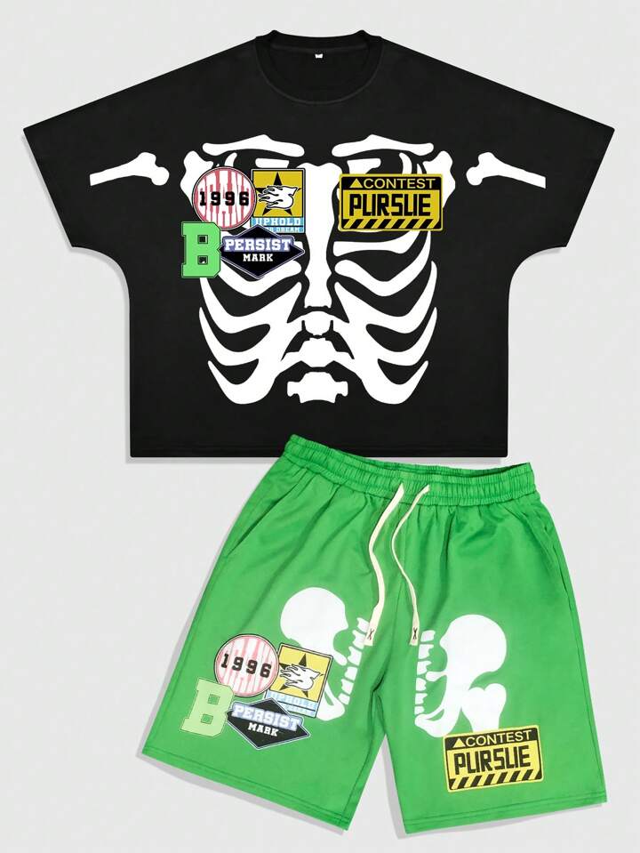 Street Life Men's Oversized Skull Printed Summer Casual Skull Print T-Shirt And Shorts Set