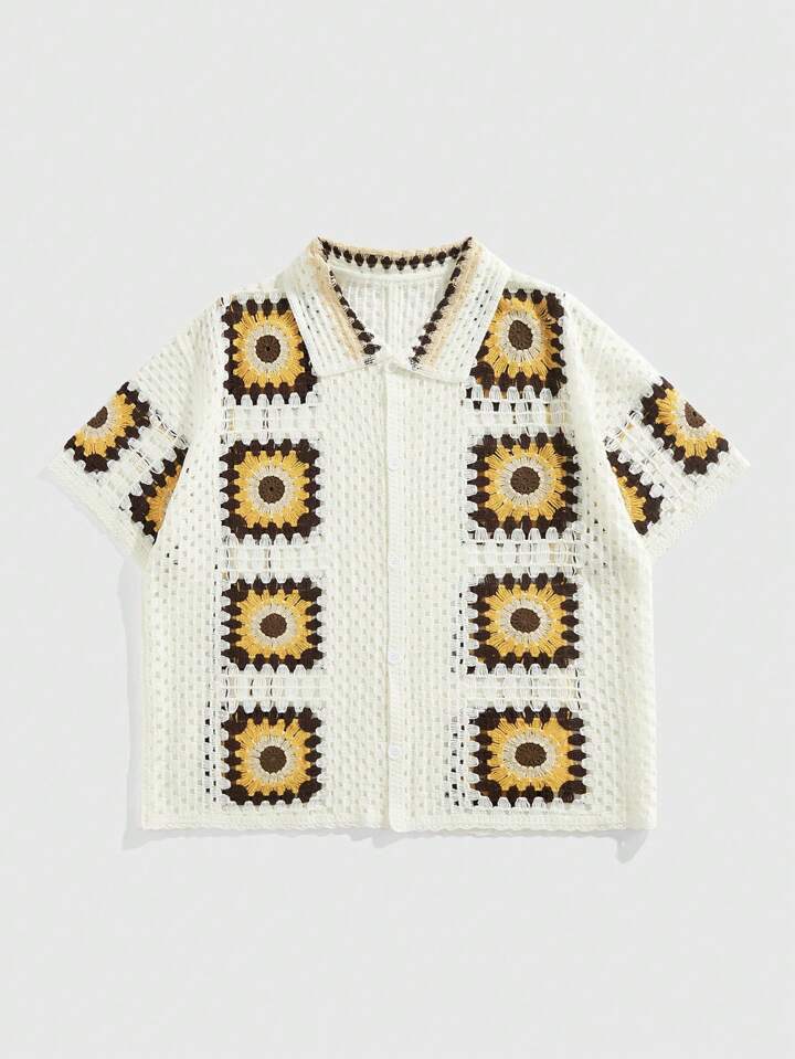 Casual Men's Geometric Pattern Short Sleeve Single Breasted Hollow Out Knit Shirt