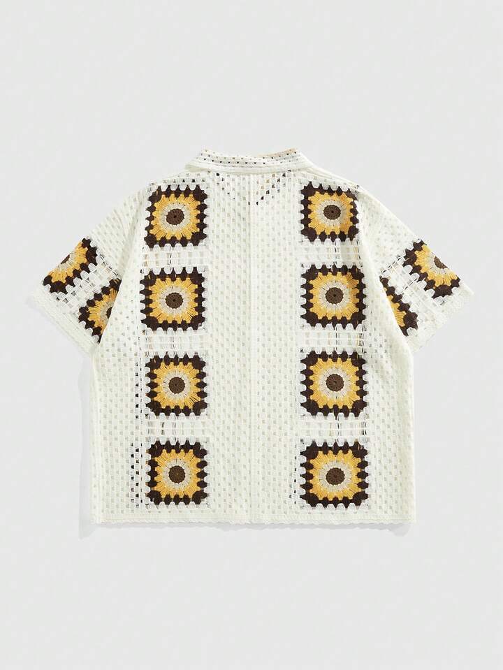 Casual Men's Geometric Pattern Short Sleeve Single Breasted Hollow Out Knit Shirt