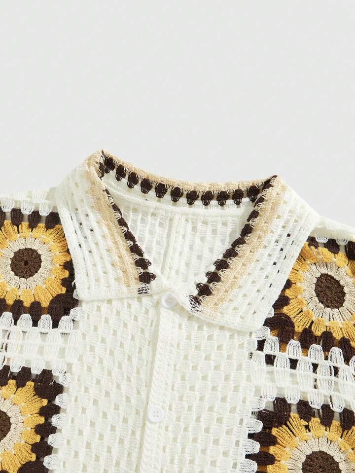 Casual Men's Geometric Pattern Short Sleeve Single Breasted Hollow Out Knit Shirt