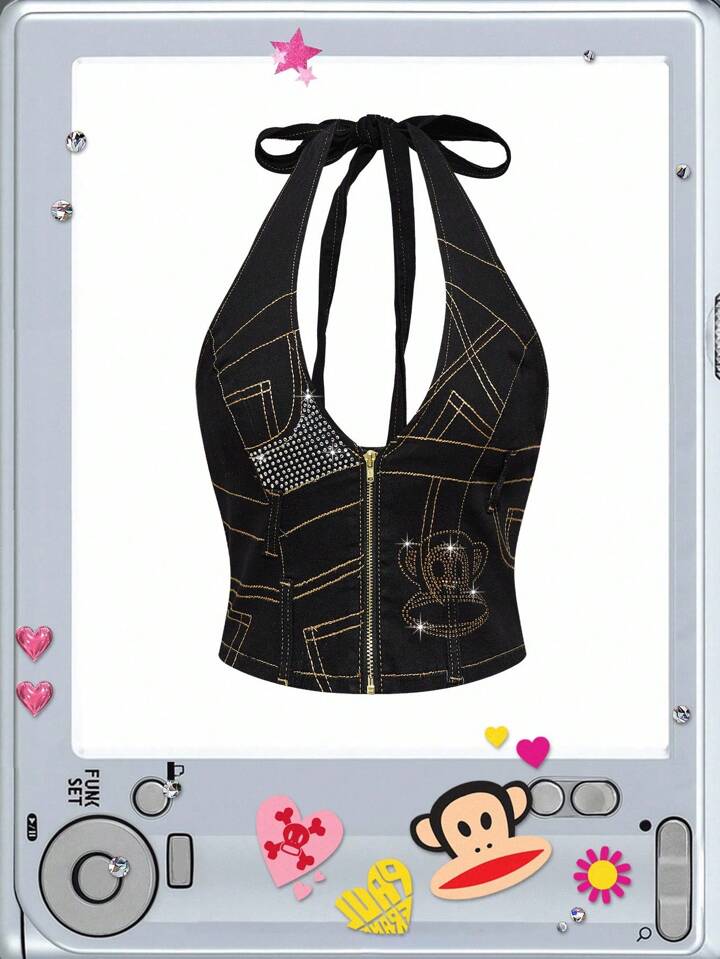 Paul Frank X ROMWE Women Y2K Rhinestone Monkey Pattern Halter Denim Top