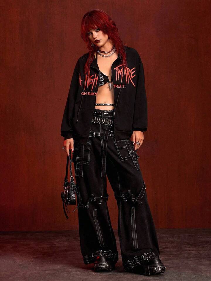 A Nightmare on Elm Street X ROMWE Gothic Horror Dark Claw Marks & Blood Print Logo Zip-Up Sweatshirt For Women