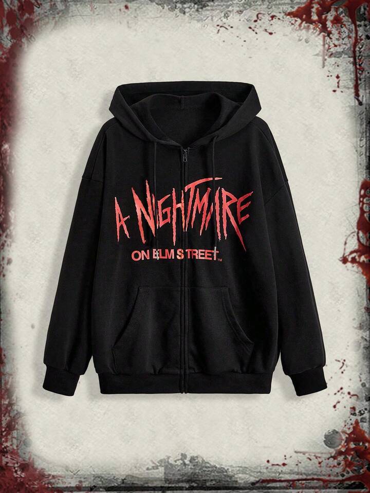 A Nightmare on Elm Street X ROMWE Gothic Horror Dark Claw Marks & Blood Print Logo Zip-Up Sweatshirt For Women