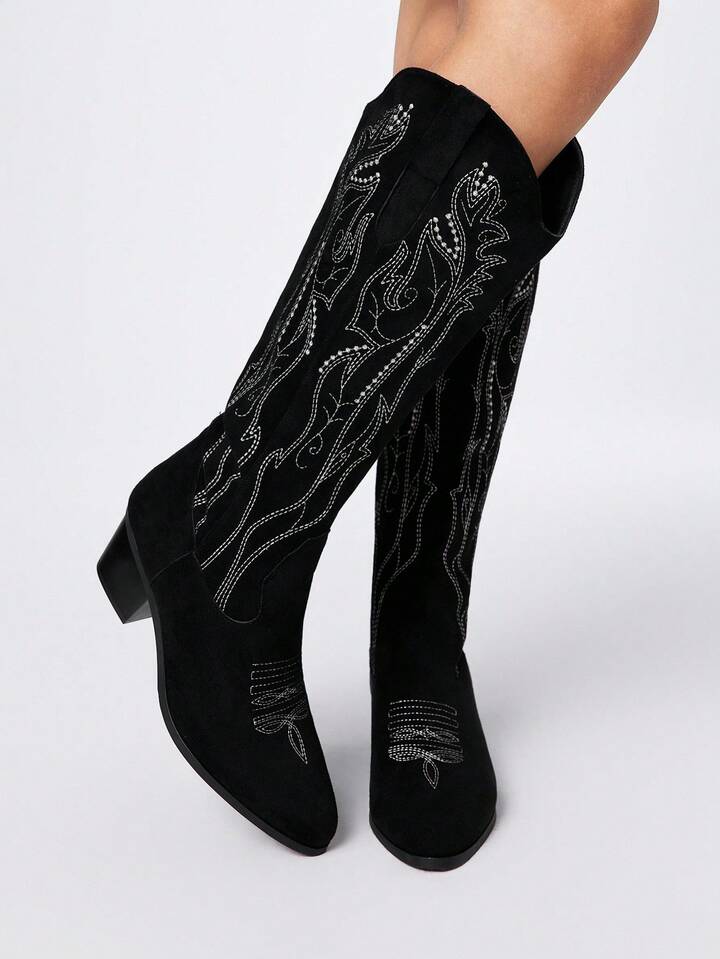 Kawaii Women's Hollow Design Butterfly Wing Embroidered Western Boots, New Spring/Autumn Leather Over-The-Knee Boots