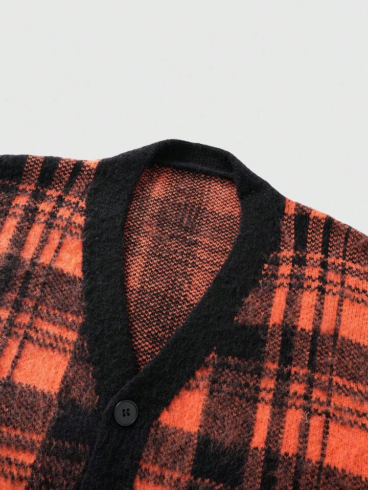 Prep Men's Plaid Jacquard Cardigan, Loose Fit, Long Sleeve Top