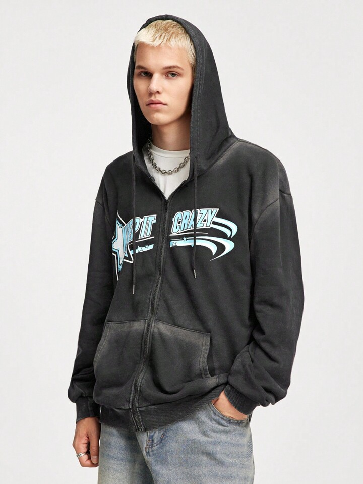Prep Men's Spring And Autumn Casual Star Letter Print Zip-Up Hoodie