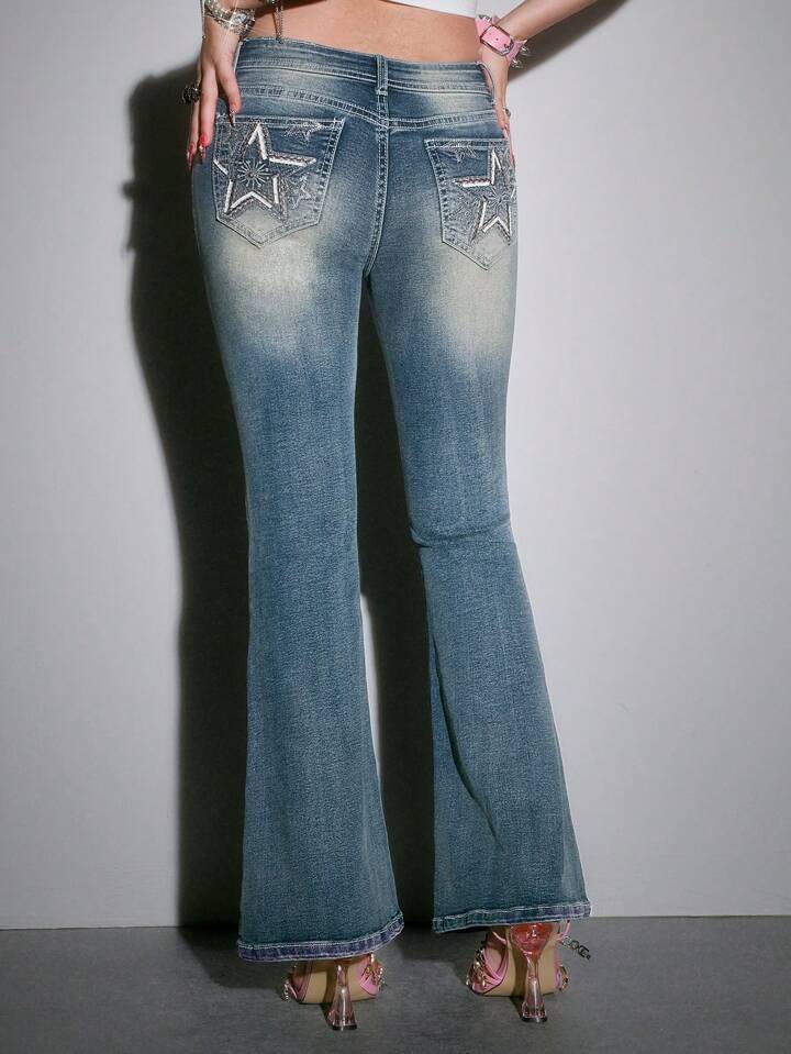 Hippie Women Ombre Star Print Skinny Flare Leg Jeans