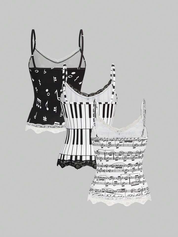 3pcs Y2K Vintage Music Note & Piano Keyboard Print Bodycon Lace Trim Camisole Set