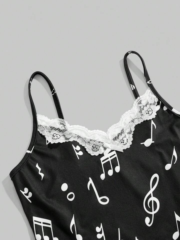 3pcs Y2K Vintage Music Note & Piano Keyboard Print Bodycon Lace Trim Camisole Set