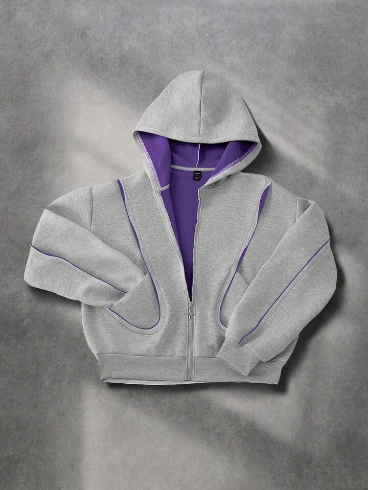 Casual Men's Patchwork Contrast Color Zip-Up Hooded Sweatshirt, Retro Street Style, Long Sleeve Top