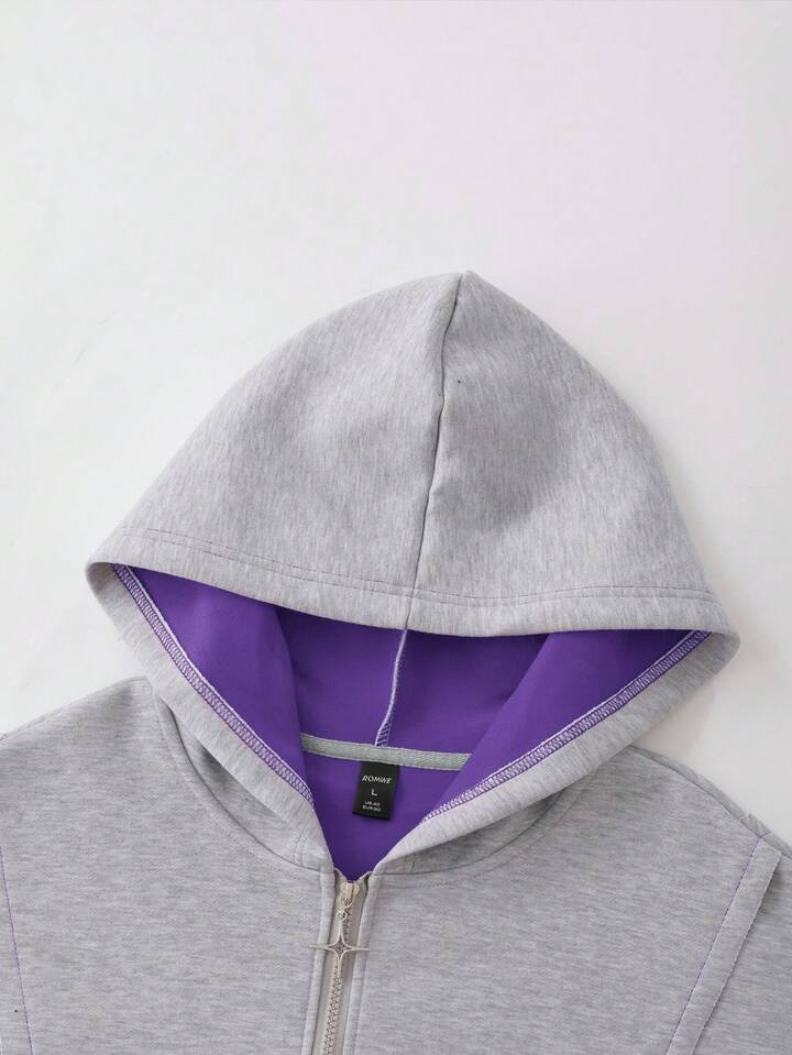 Casual Men's Patchwork Contrast Color Zip-Up Hooded Sweatshirt, Retro Street Style, Long Sleeve Top