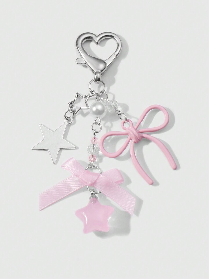 Kawaii 1pc Ins Style Cute Girl's Elegant High-Quality Silver Chain Faux Pearl Pink Ribbon Acrylic Bowknot Star Keychain, Suitable For Women And Girls, Daily Wear And Festival Gift Valentines