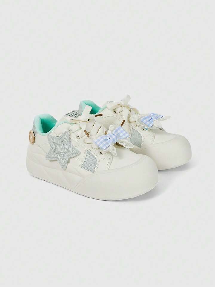 Kawaii Women's Blue Bow Lace-Up Casual Soft-Sole Lightweight Running Shoes, Mary Jane Pumps, Sweet Flats