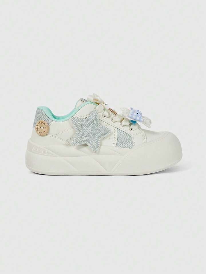 Kawaii Women's Blue Bow Lace-Up Casual Soft-Sole Lightweight Running Shoes, Mary Jane Pumps, Sweet Flats
