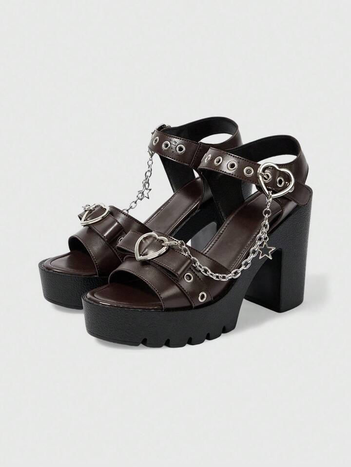 Grunge Punk Women's Elegant Fashion Heart & Star Metal Chain Design High Heel Sandals, Waterproof Platform, Punk Style Round Toe Roman Sandals, Suitable For Party, Daily Wear, Evening Dress, Height Increasing And Leg Lengthening, Comfortable Versatile High Heels