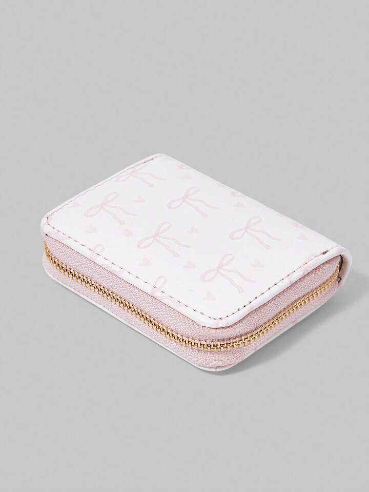Kawaii Pink Base With All-Over Pink Bow Print Compact Wallet, Creative Multi-Function Card Holder