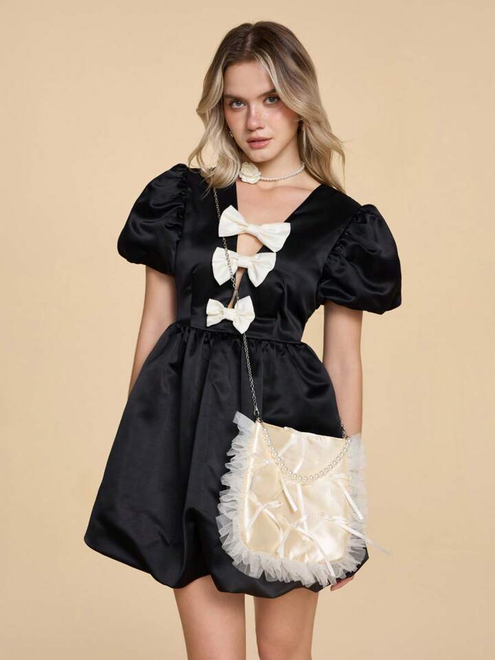 Kawaii 1pc Romantic Lace Ruffle Bowknot Decor Handbag With Faux Pearl Chain Decor, Suitable For Valentine's Day Date