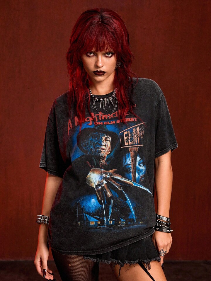 A Nightmare on Elm Street X ROMWE Figure Graphic Distressed Finish Round Neck Short Sleeve T-Shirt