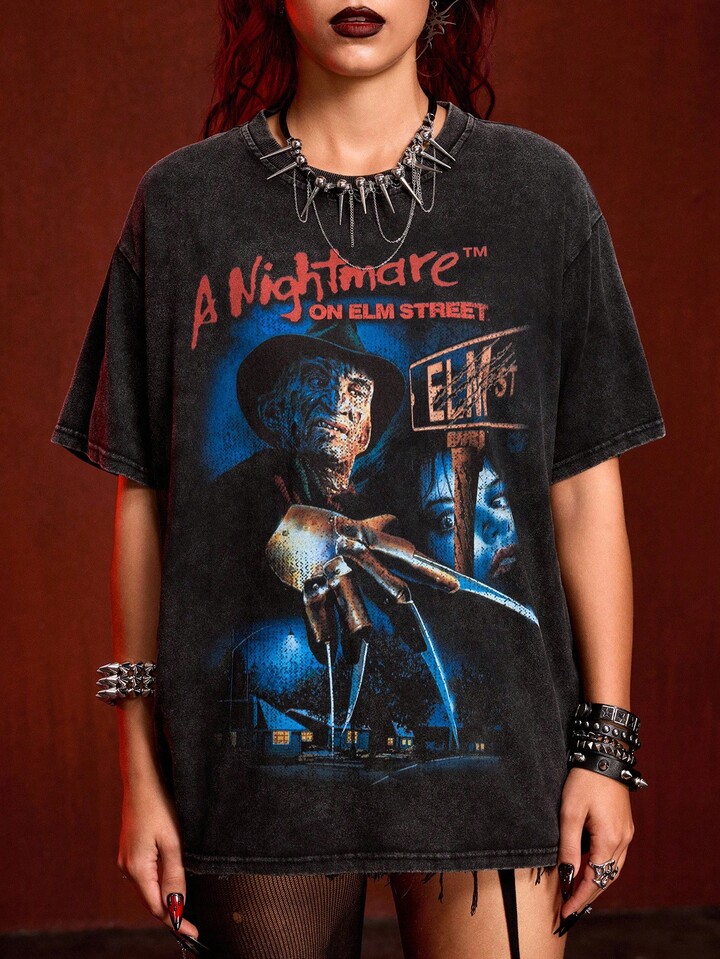 A Nightmare on Elm Street X ROMWE Figure Graphic Distressed Finish Round Neck Short Sleeve T-Shirt