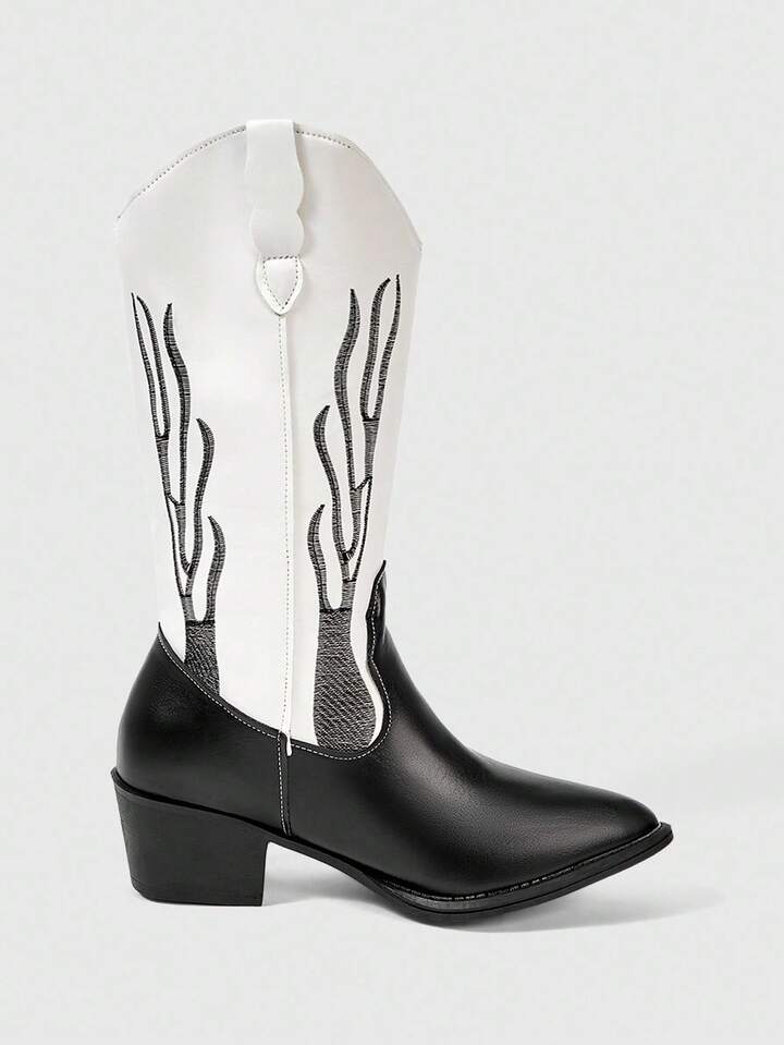Fairycore Women's Black Pointed Toe Low Heel Western Boots, Slip-On Riding Tall Boots, College Style Knee-High Boots, Embroidered V-Cut Slip-On Leather Boots, Mid-Calf Boots