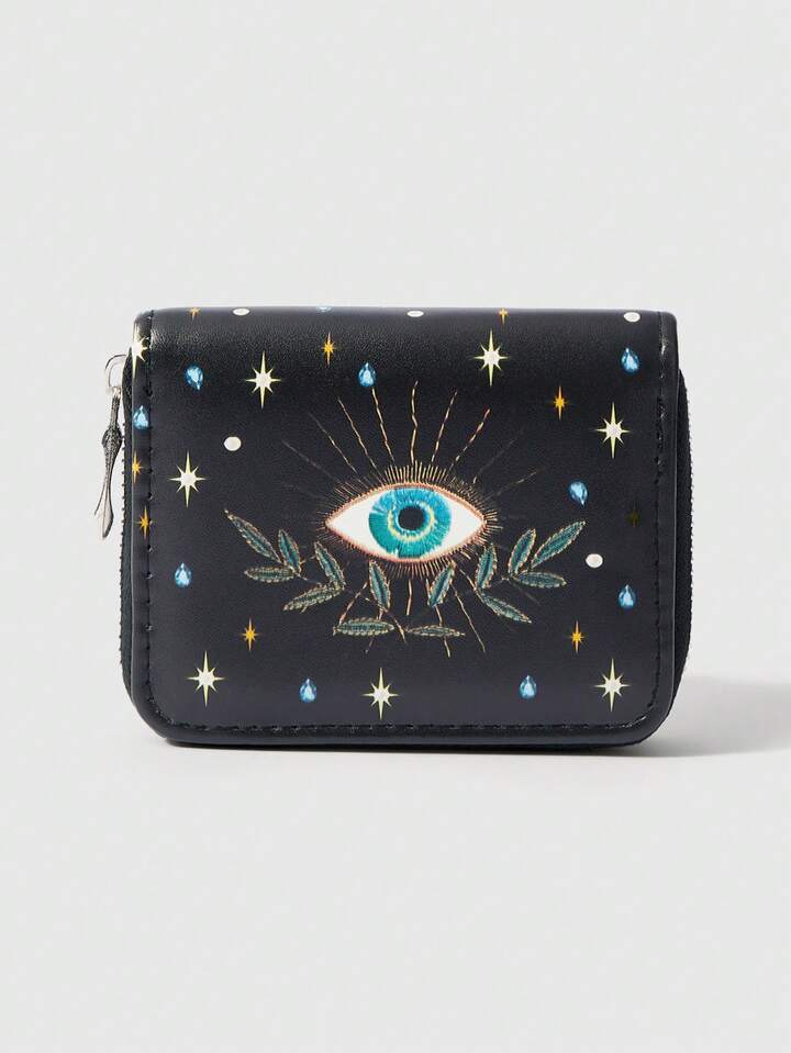 Goth 1Pc Leaf Star Eye Design Minimalist Style Zipper Coin Wallet, Suitable For Women