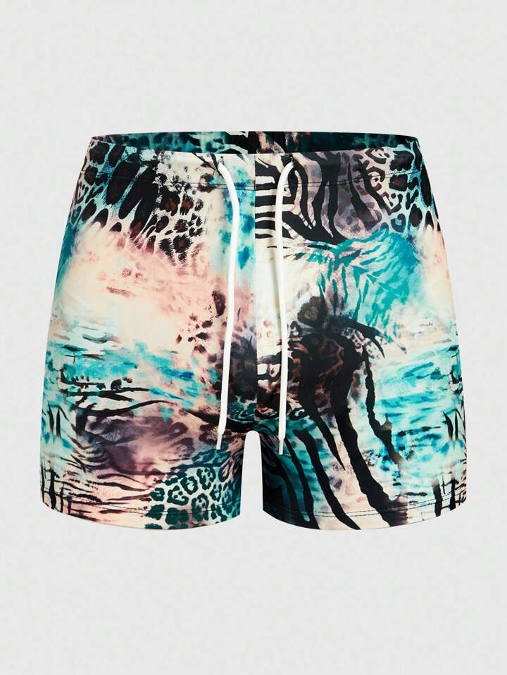 Casual Men's Leopard & Zebra Print Drawstring Waist Boxer Briefs Swimwear