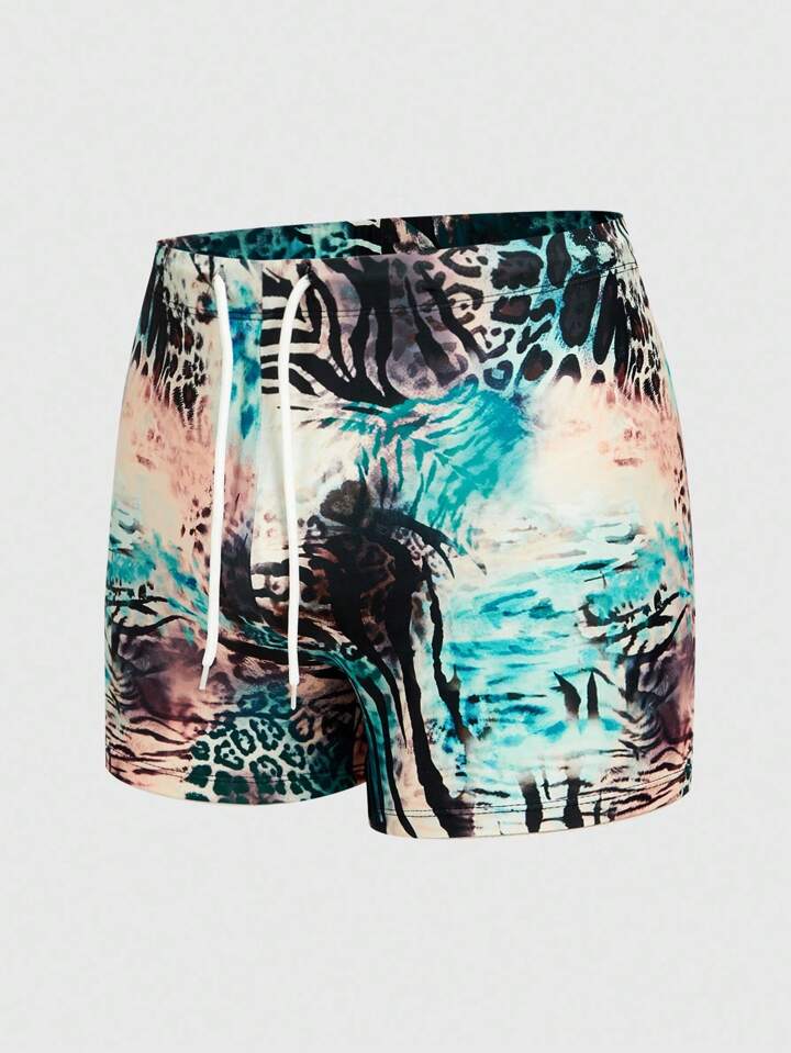 Casual Men's Leopard & Zebra Print Drawstring Waist Boxer Briefs Swimwear