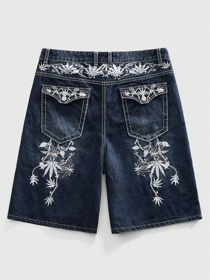 Men's Plant Embroidery Pocket Casual Denim Shorts