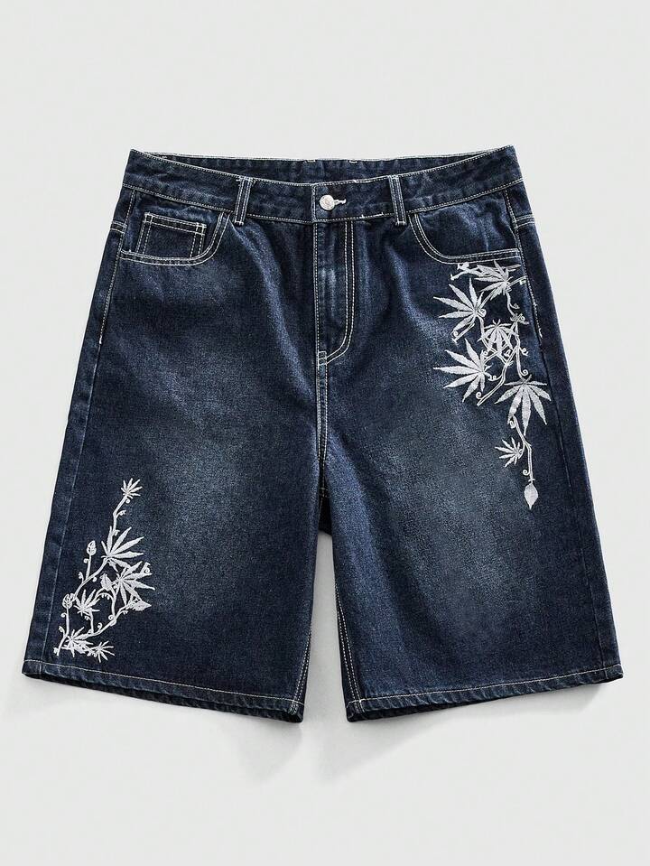 Men's Plant Embroidery Pocket Casual Denim Shorts