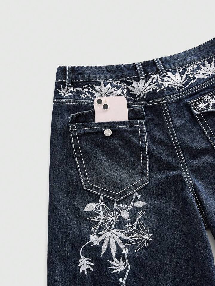 Men's Plant Embroidery Pocket Casual Denim Shorts
