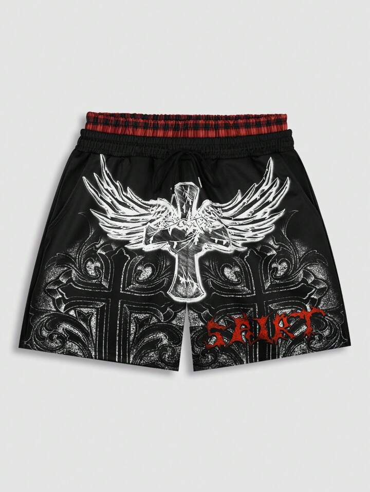 2pcs Men's Daily Gothic Cross Print Short Sleeve T-Shirt And Shorts Set, Halloween