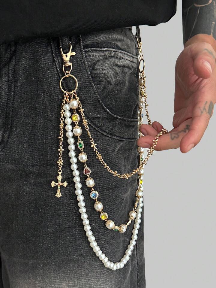 Fairycore 1pc Vintage Elegant Minimalist Multi-Color Crystal & Faux Pearl Pants Chain, Men Punk Hip Hop Cross Body Chain, For Pants Decoration